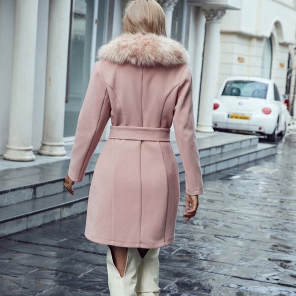 Classic Dusty Pink Vegan Fur Pea coat belted Winter Luxe Glam - Picture 4 of 4
